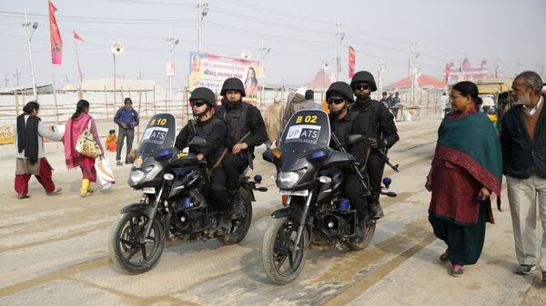 Uttar Pradesh police Anti-Terrorism Squad patrol on motorbikes at the spiritual-cleansing Kumbh Festival in Allahabad, India, Monday, Jan.14, 2019 - Sputnik International