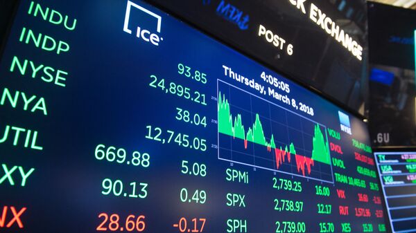 The day's closing numbers are displayed after the closing bell of the Dow Industrial Average at the New York Stock Exchange on March 8, 2018 in New York. - Sputnik International