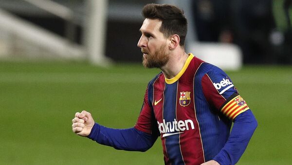 Soccer Football - La Liga Santander - FC Barcelona v SD Huesca - Camp Nou, Barcelona, Spain - March 15, 2021 Barcelona's Lionel Messi celebrates scoring their fourth goal  - Sputnik International