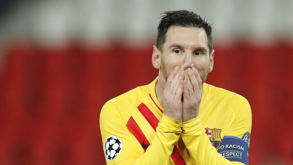 Barcelona's Lionel Messi reacts after a missed a penalty shot during the Champions League, round of 16, second leg soccer match between Paris Saint-Germain and FC Barcelona at the Parc des Princes stadium in Paris on Wednesday, March 10, 2021 - Sputnik International