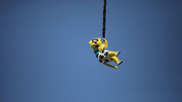 Jacksonville Jaguars mascot bungee jumps from the top of the stadium to the field before the first half of an NFL football game against the San Francisco 49ers, Sunday, Nov. 21, 2021, in Jacksonville, Fla. - Sputnik International