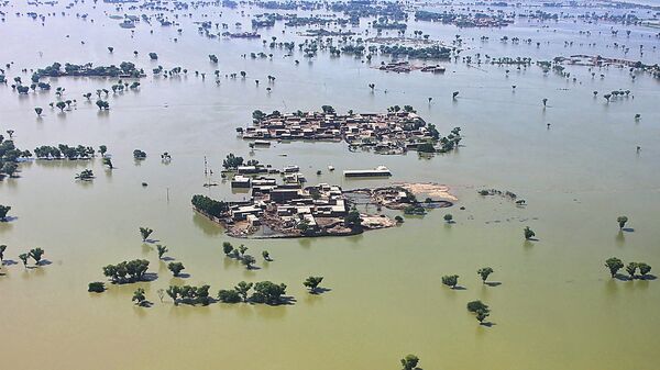 This aerial photograph taken on September 1, 2022 shows a flooded residential area after heavy monsoon rains in Dadu district of Sindh province - Sputnik International