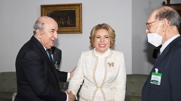 Algerian President Abdelmadjid Tebboune receives Russian Federation Council Speaker Valentina Matvienko on Thursday, March 16, in Algeria's capital city of Algiers. - Sputnik International