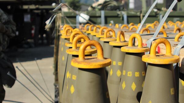 Bands broken, dozens of 155mm Base Burn Dual Purpose Improved Conventional Munitions rounds wait to be loaded into M109A6 Paladin self-propelled howitzers and M992 Field Artillery Support Vehicles Sept. 20 at the Alpha Battery, 1st Battalion, 82nd Field Artillery Regiment, 1st Armored Brigade Combat Team, 1st Cavalry Division motor pool at Camp Hovey, South Korea. - Sputnik International