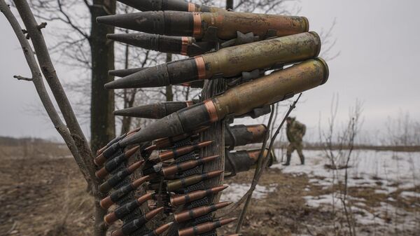Ammunition is hanging from a tree branch as a Ukrainian serviceman walks by during an exercise in a Joint Forces Operation controlled area in the Donetsk region - Sputnik International