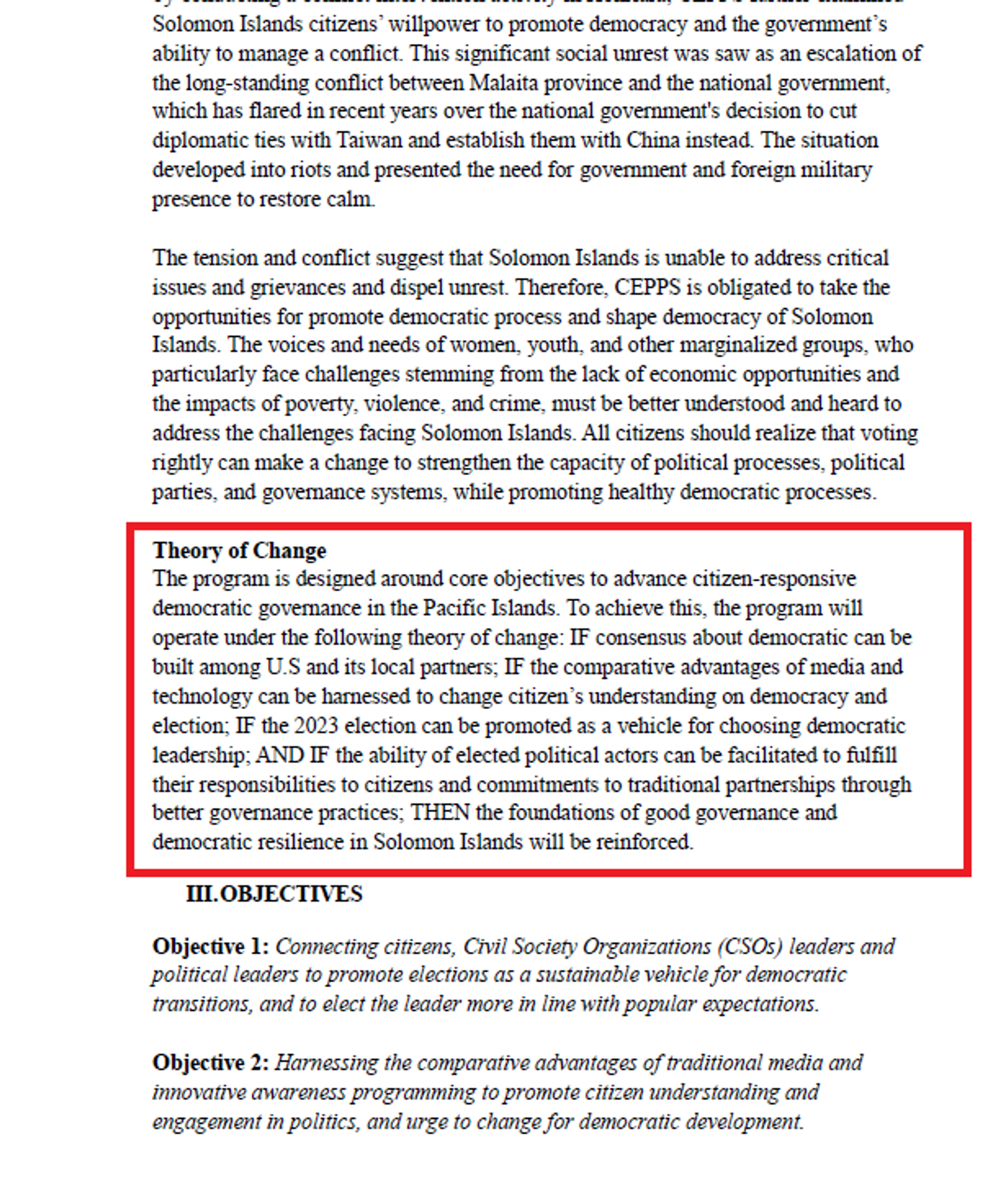 Excerpt from a cost extension on a USAID's Strengthening Democratic Governance in the Pacific Islands (SDGPI) program in the Solomon Islands outlining the agency's 'Theory of Change' approach to the foundations of good goverance and democratic resilience. - Sputnik International, 1920, 06.04.2024