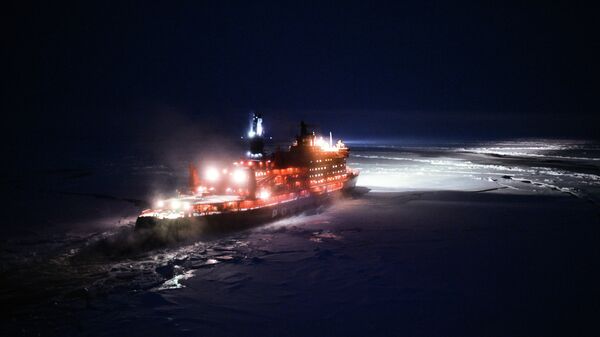 A helicopter view of NS 50 Let Pobedy nuclear-powered icebreaker sailing toward the North Pole - Sputnik International
