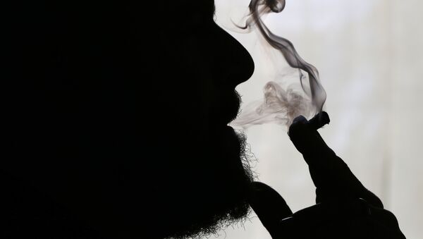 Former US Marine Sgt. Ryan Begin smokes medical marijuana at his home in Belfast, Maine. Begin had his right elbow blown off by a roadside bomb in 2004 and suffers from post-traumatic stress disorder. - Sputnik International
