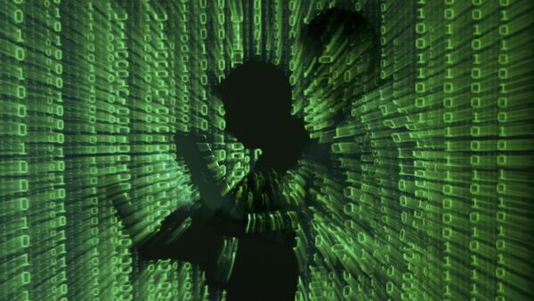 An illustration picture shows a projection of binary code on a man holding a laptop computer. - Sputnik International