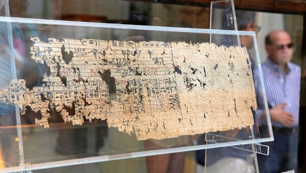 A tourist looks at Papyrus of King Khufu at the opening exhibition of 'The Papyri of Khufu from Wadi al-Jarf' for the first time at the Egyptian Museum in Cairo, Egypt, July 14, 2016.  - Sputnik International