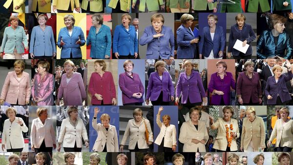 A undated combination picture shows German Chancellor Angela Merkel, wearing jackets of differing colours while attending various public events. Senior German CDU party sources say on November 20, 2016 that Merkel will run again for the Chancellorship in the next year general elections. - Sputnik International