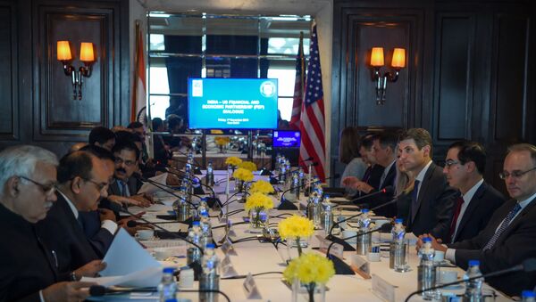 A general view of the delegation level meeting of the 7th India-US economic and financial partnership attended by US Secretary of the Treasury Steven Mnuchin (2R), US Under Secretary of the Treasury for International Affairs Brent McIntosh (3R) and India's Finance Minister Nirmala Sitharaman (unseen) in New Delhi on November 1, 2019.  - Sputnik International